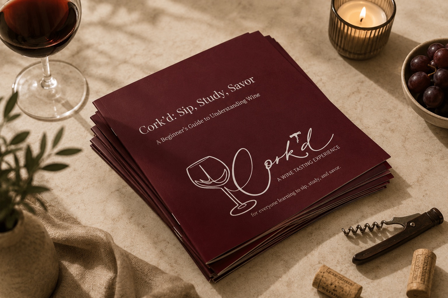 A stack of burgundy Cork’d wine workbooks on a styled table